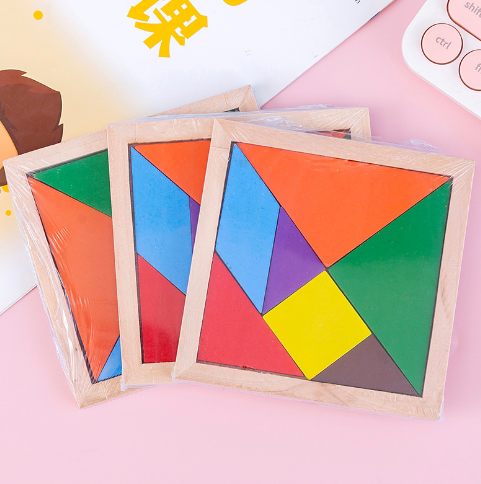 3 PCS Montessori Wooden Tangram 7 Piece Jigsaw Puzzle Colorful Square IQ Game Brain Teaser Intelligent Educational Toys For Kids