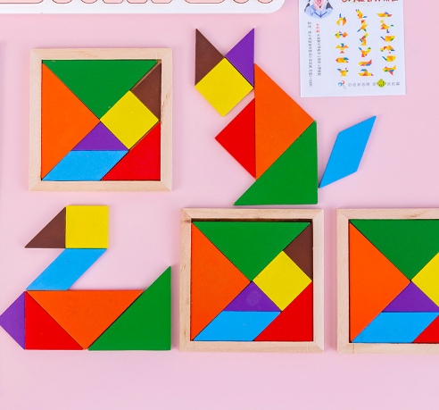 3 PCS Montessori Wooden Tangram 7 Piece Jigsaw Puzzle Colorful Square IQ Game Brain Teaser Intelligent Educational Toys For Kids