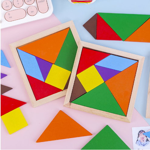 3 PCS Montessori Wooden Tangram 7 Piece Jigsaw Puzzle Colorful Square IQ Game Brain Teaser Intelligent Educational Toys For Kids