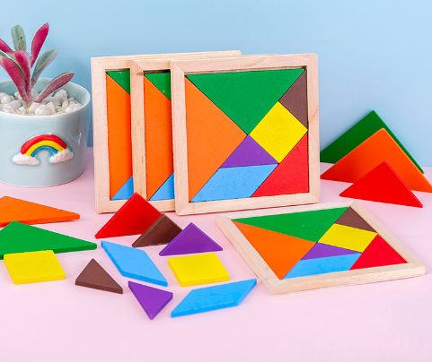 3 PCS Montessori Wooden Tangram 7 Piece Jigsaw Puzzle Colorful Square IQ Game Brain Teaser Intelligent Educational Toys For Kids