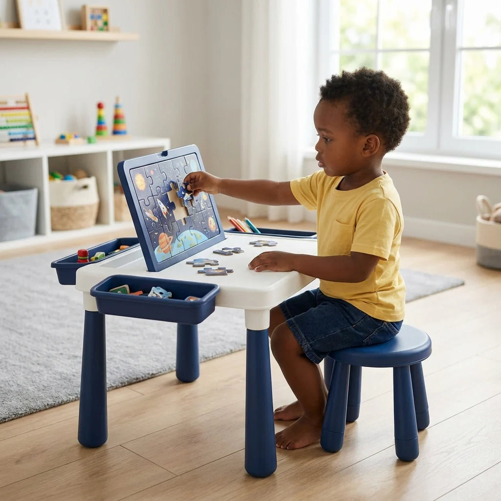 Kids Activity Table With Building Blocks And Drawing Board
