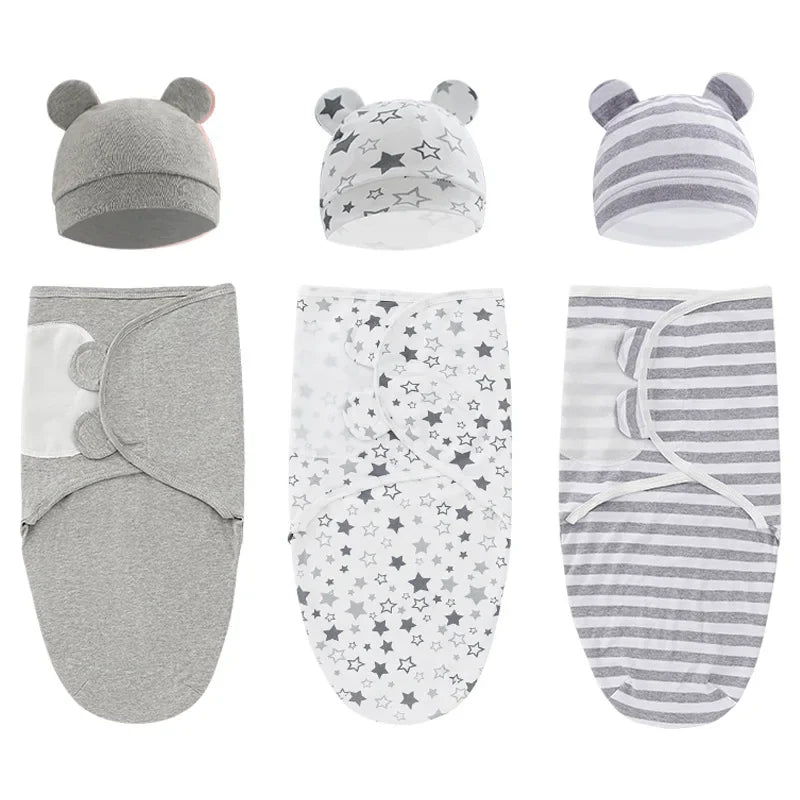 100% Organic Cotton Baby Swaddle Blanket Wrap Hat Set