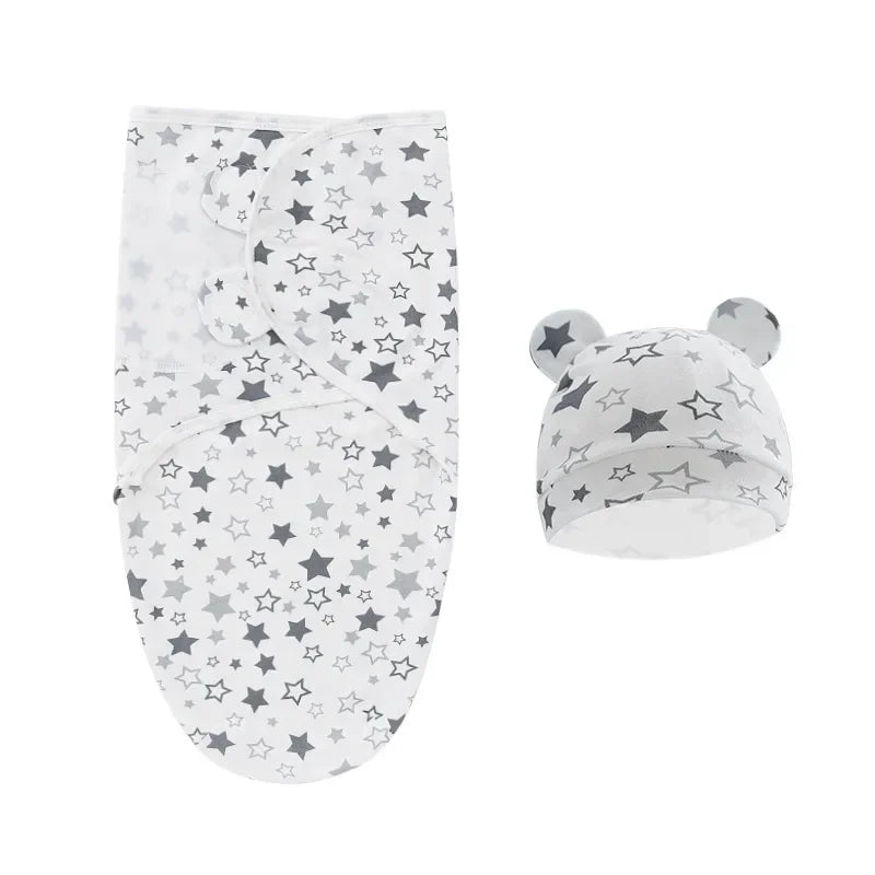 100% Organic Cotton Baby Swaddle Blanket Wrap Hat Set