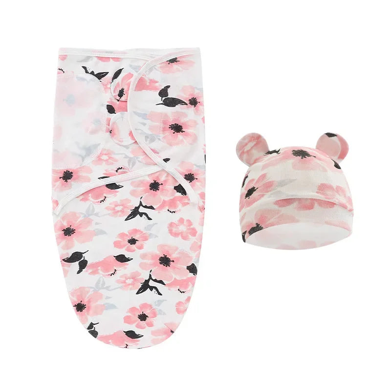100% Organic Cotton Baby Swaddle Blanket Wrap Hat Set