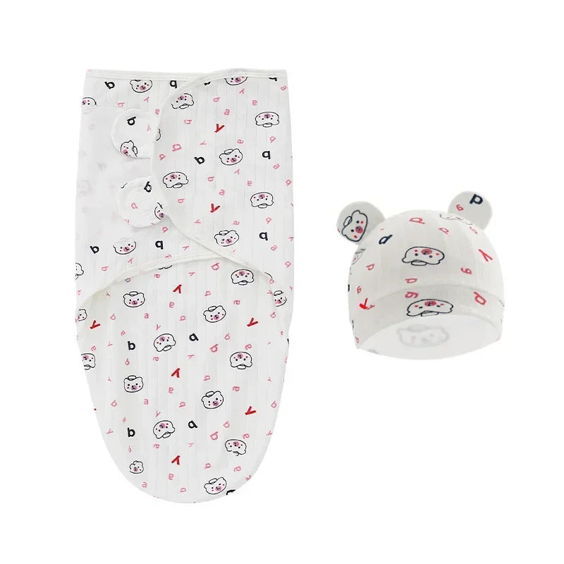 100% Organic Cotton Baby Swaddle Blanket Wrap Hat Set
