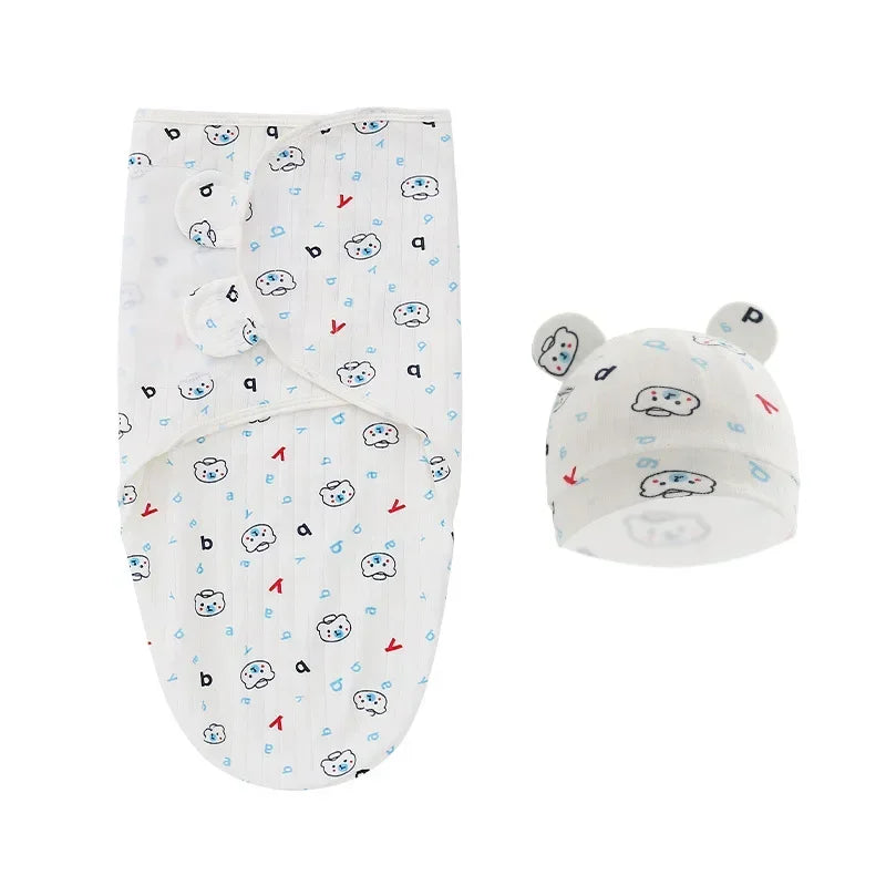 100% Organic Cotton Baby Swaddle Blanket Wrap Hat Set
