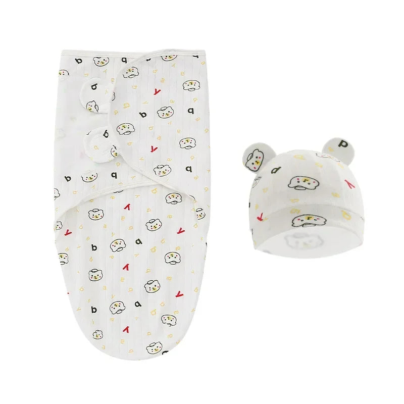 100% Organic Cotton Baby Swaddle Blanket Wrap Hat Set