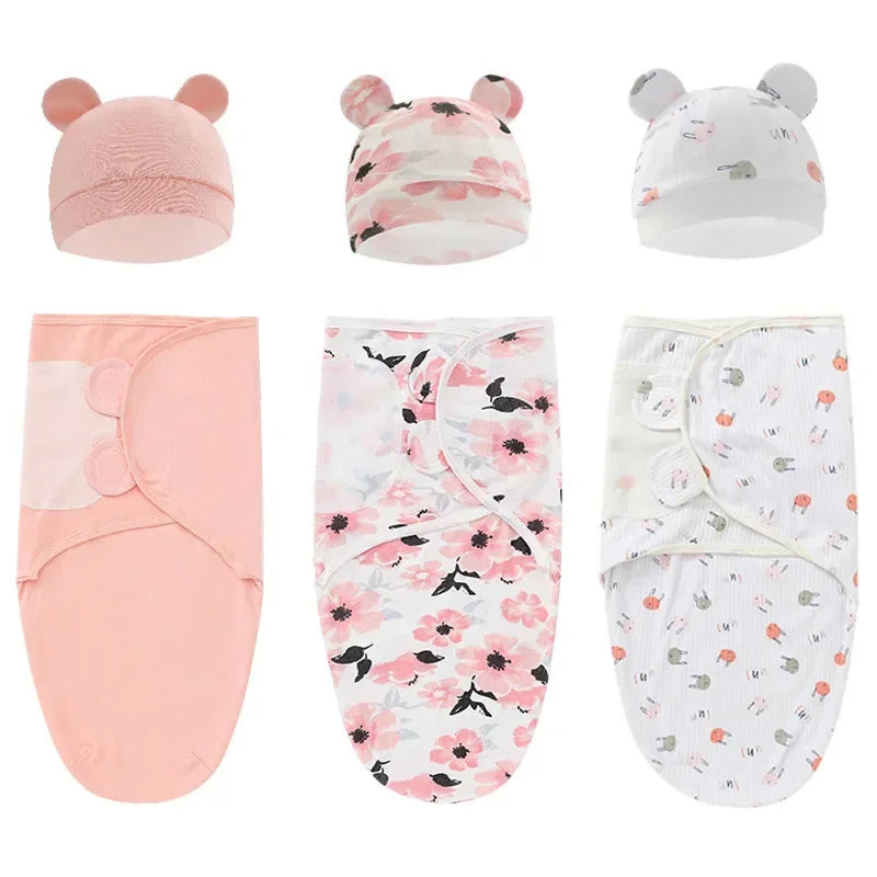 100% Organic Cotton Baby Swaddle Blanket Wrap Hat Set