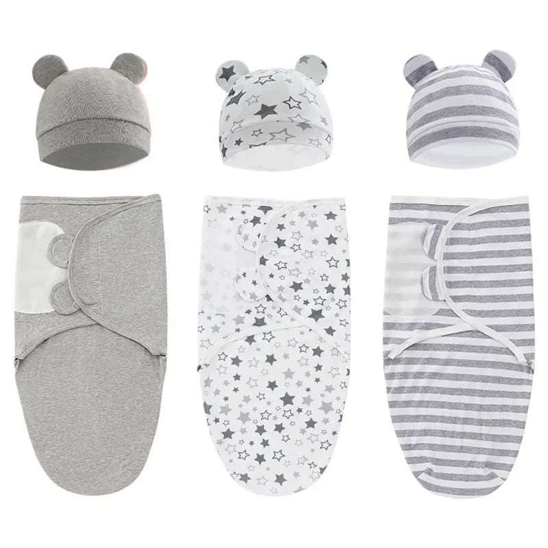 100% Organic Cotton Baby Swaddle Blanket Wrap Hat Set