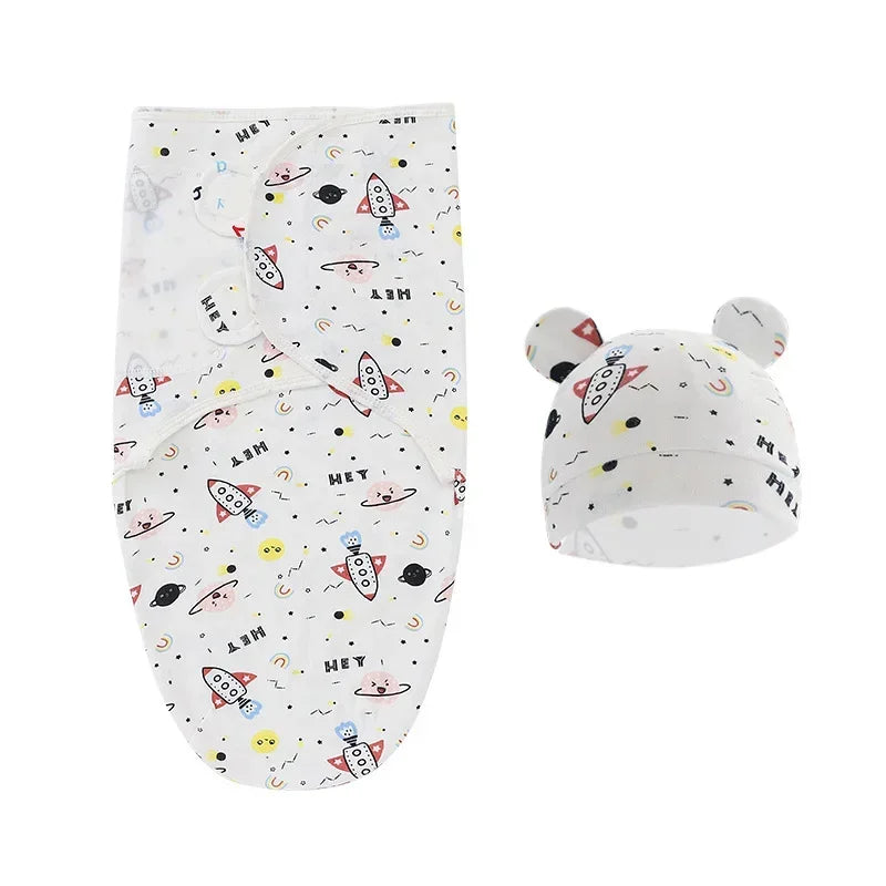 100% Organic Cotton Baby Swaddle Blanket Wrap Hat Set